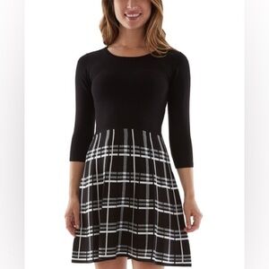 NWT BCX Womens Black and White Plaid Skirt 3/4 Sleeve Heavier Knit Dress Size M